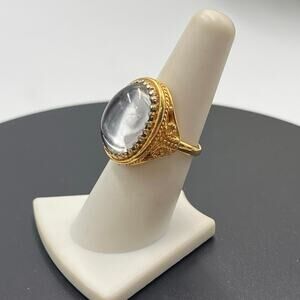D'Orlan Style Vintage Gray Glass Domed Cabochon Cocktail Ring Gold Plated Sz‎ 7